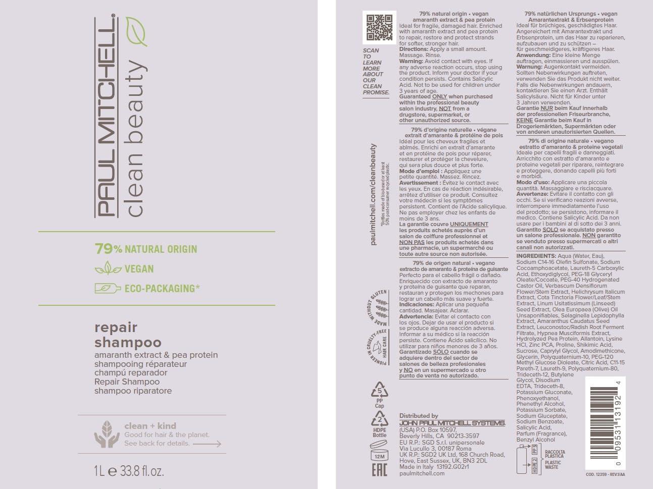 image:imagePaul Mitchell Clean Beauty Repair Shampoo Strengthens and Protects For Damaged Brittle Hair338 Fl Oz Pack of 1