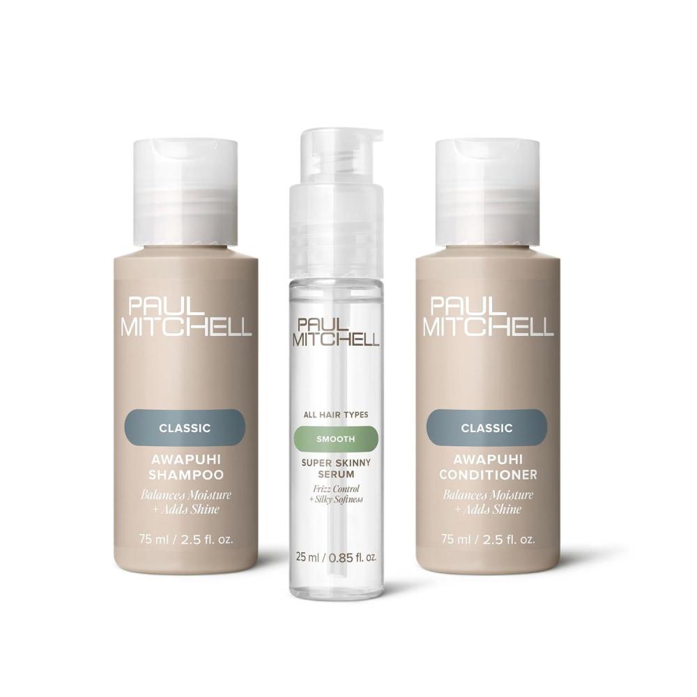 image:imagePaul Mitchell Awapuhi Shampoo and Conditioner Balances Moisture Adds Shine 25 oz Super Skinny Serum Blowout Primer Speeds Up Drying Time Humidity Resistant 85 oz Travel Set