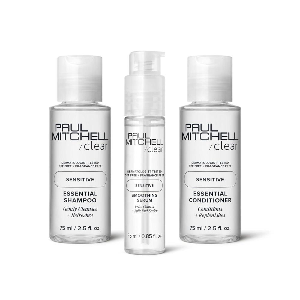 image:imagePaul Mitchell Clear Essential Shampoo and Conditioner 25 oz Clear Smoothing Serum Blowout Primer Fragrance Free For Sensitive Scalp Skin 85 oz Travel Set