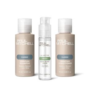 Paul Mitchell Awapuhi Shampoo and Conditioner, Balances Moisture + Adds Shine, 2.5 oz. + Super Skinny Serum Blowout Primer, Speeds Up Drying Time, Humidity Resistant, .85 oz., Travel Set