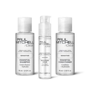 Paul Mitchell Clear Essential Shampoo and Conditioner, 2.5 oz. + Clear Smoothing Serum, Blowout Primer, Fragrance Free, For Sensitive Scalp + Skin, .85 oz., Travel Set